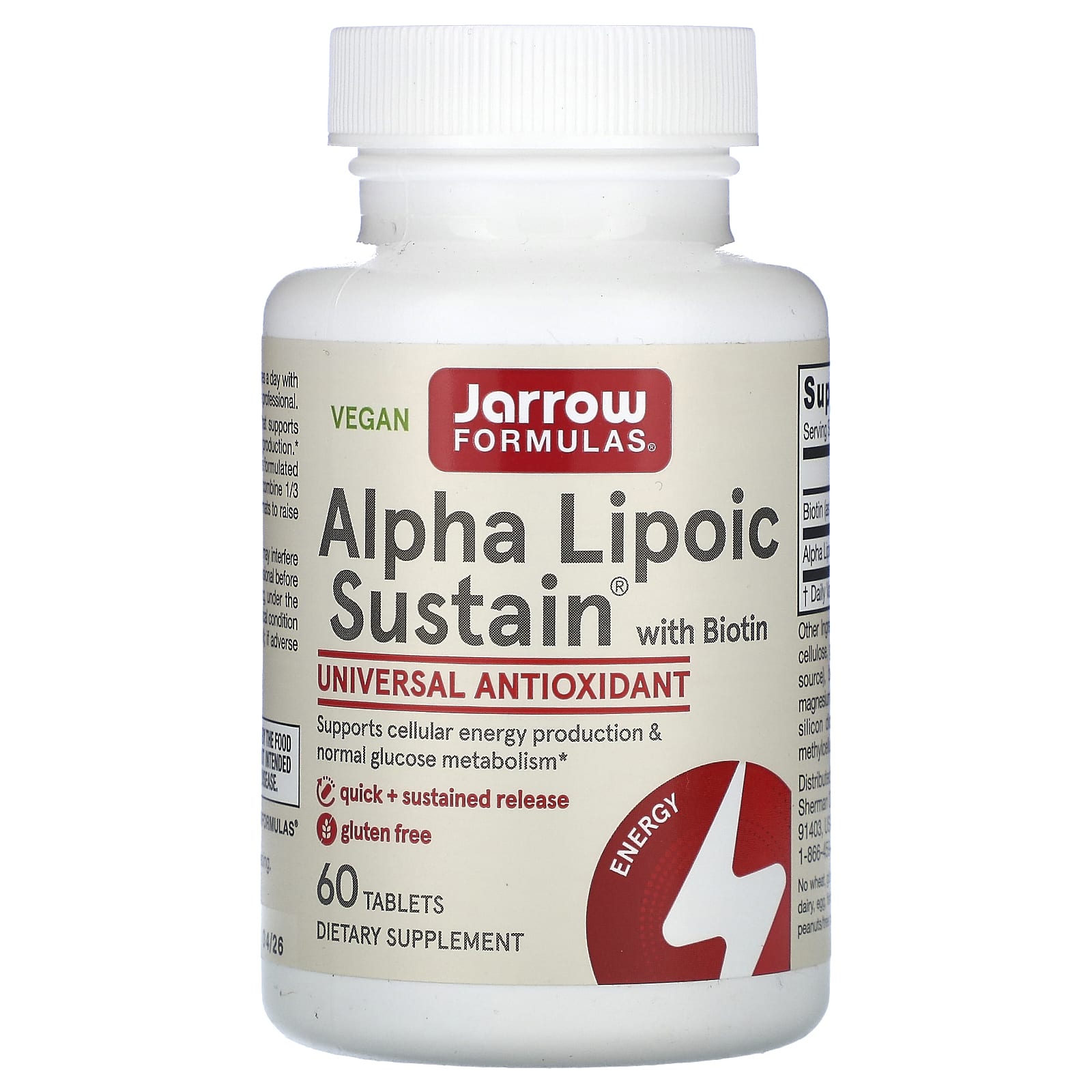 Jarrow Formulas, Alpha Lipoic Sustain with Biotin, 60 Tablets UPC 790011200109 | HiLife Vitamins
